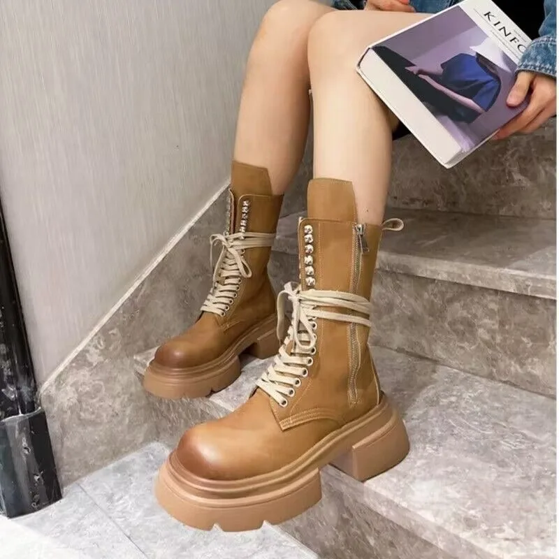 

2023 Fashion Shoes for Women Cross-tied Women's Boots Hot Sale Round Toe Casual Boots Women High Quality Round Toe Mid-Calf