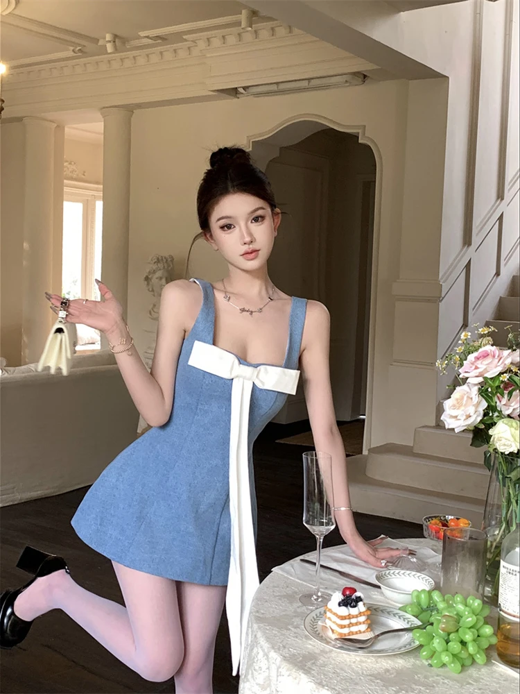 

Vintage Contrast Color Bow Splicing Casual Camisole Dress Women 2024 Spring New Korean Off-shoulder Sexy Slim Denim Mini Dress