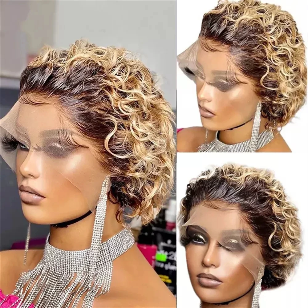 

Ombre 1B/27 Blonde Colored Pixie Cut Wig Short Curly Human Hair Wigs Jerry Curly Bob Hairline 13X1 Lace Wigs Brazilian Remy Hair