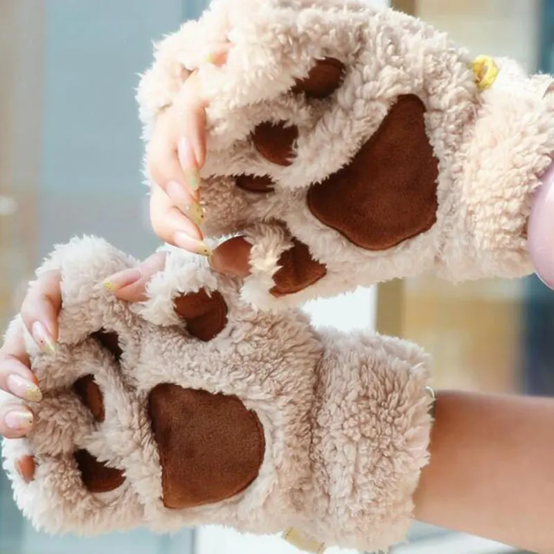 

New Winter Gloves Women Bear Plush Cat Paw Claw Gloves Cute Kitten Fingerless Mittens Christmas Halloween Girls Gift Gloves