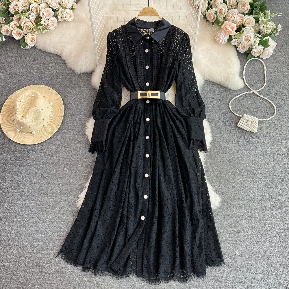 2023 New fashion spring shirt dress single breasted hollowed out black lace elegant dress
2023 New fashion spring shirt dress single breasted hollowed out black lace elegant dress