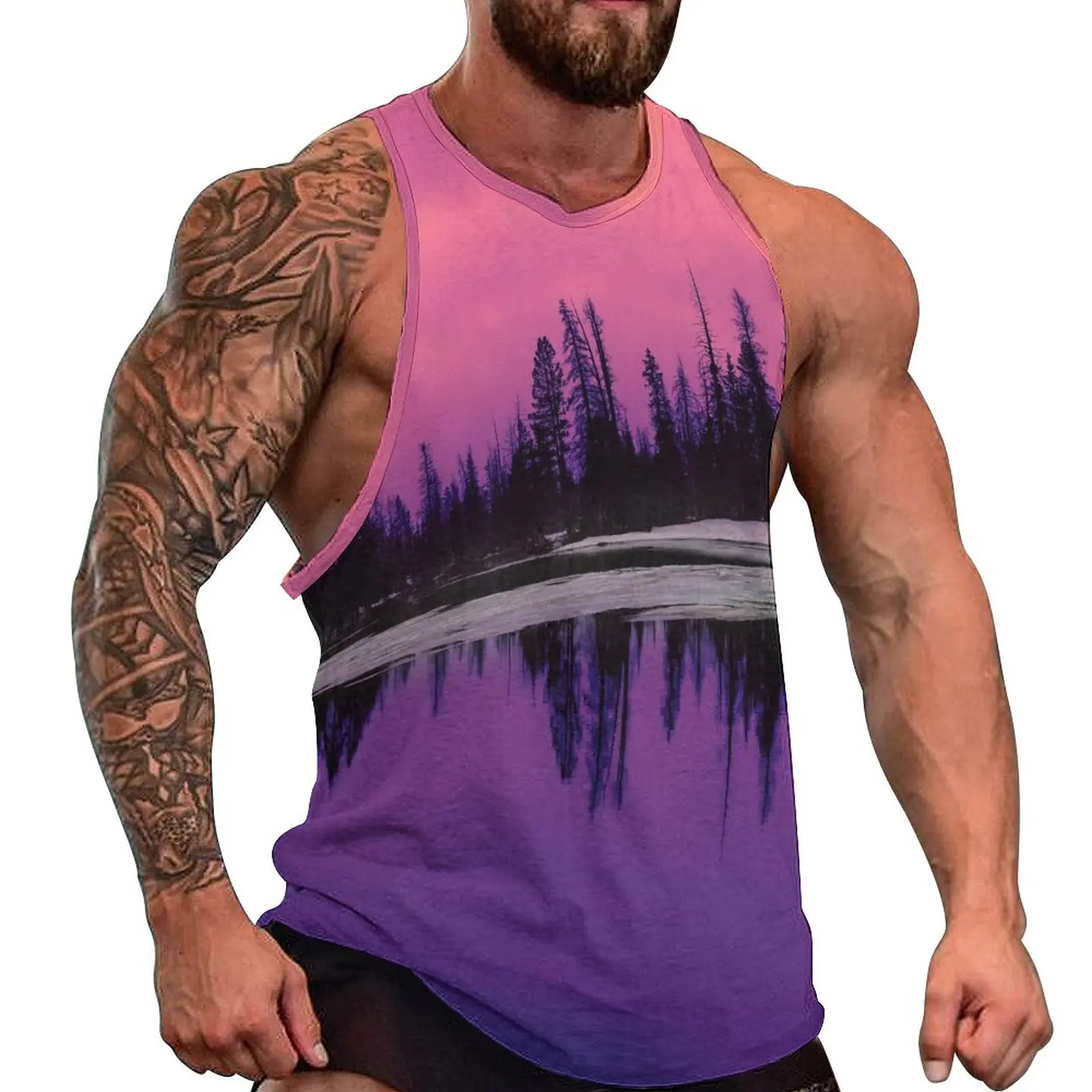 

Imitation Cotton Men Tank Top Nature Scenery 3D Print Lake Landscape Sleeveless T Shirt Vest Crew Neck Streetwear