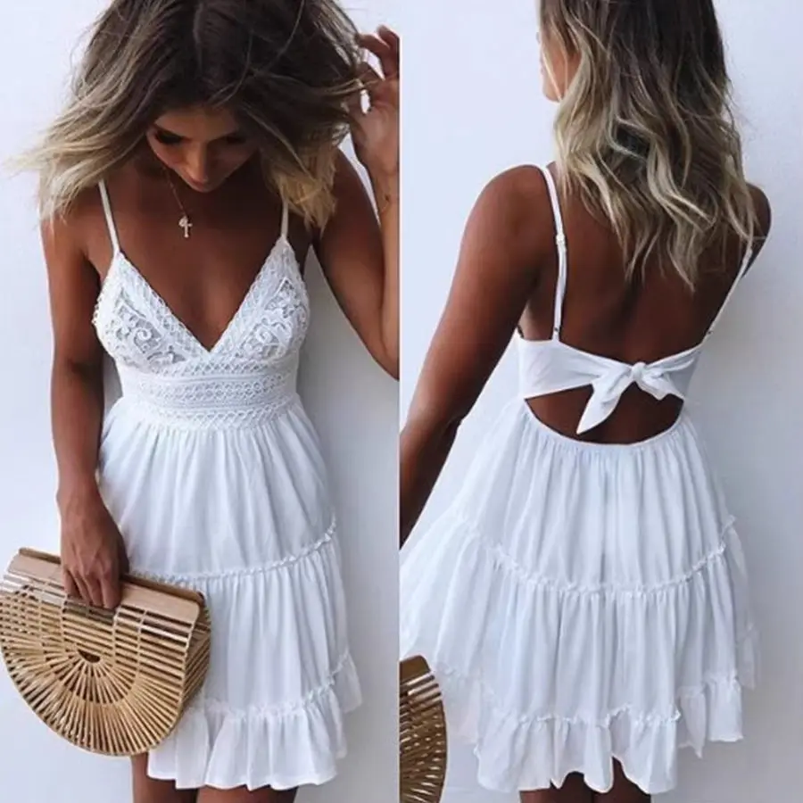 

Lace Slip Sundress Sexy Backless Women Summer Sleeveless Strap Lace Up Floral Multiple Styles Pleated Mini Party Beach Dress