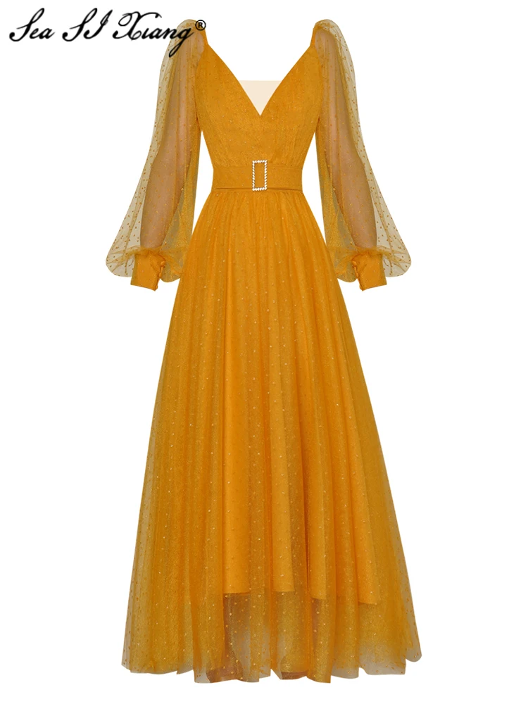 Seasixiang Fashion Designer Spring Summer Women Dot Mesh Dress Deep V-Neck Lantern Sleeve Crystal Belt Elegant Party Long Dress
Seasixiang Fashion Designer Spring Summer Women Dot Mesh Dress Deep V-Neck Lantern Sleeve Crystal Belt Elegant Party Long Dress