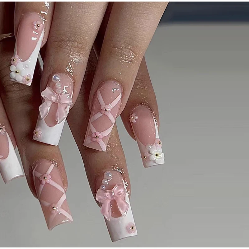 24Pcs Ballet False Nails Long French Press on Nails with Rhinestone Wearable Coffin Fake Nail Pink Bow Design Manicure Tips 24Pcs Ballet False Nails Long French Press on Nails with Rhinestone Wearable Coffin Fake Nail Pink Bow Design Manicure Tips