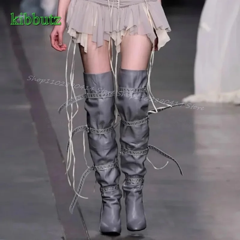 

Gray Belt Fastener Decor Pointed Toe Runway Boots Side Zipper Women Shoes Thin High Heels Fashion Party 2024 Zapatos Para Mujere