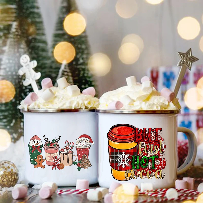 

But First Hot Cocoa Print Enamel Coffee Wine Cups Drink Mug Dessert Hot Cocoa Chocolate Cup Cake Mugs Handle Drinkware Xmas Gift