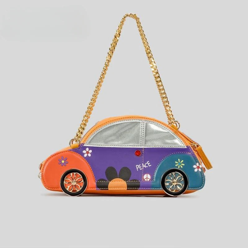 

Cute Contrasting Color Car Shape Design Handbag Couples Unique Metal Chian Box Bag Unisex Casual Creative Shoulder Bag