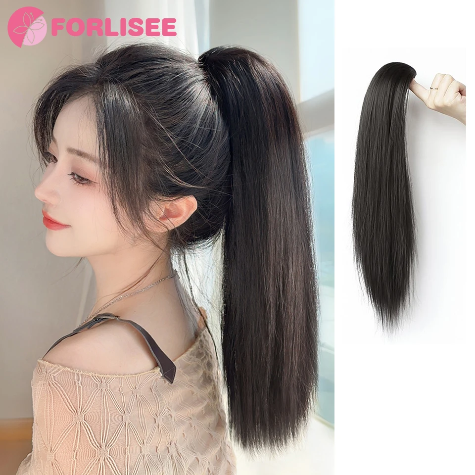 

FOR 50CM Long Straight High Ponytail Clip Hair Extension Natural Brown Synthetic Ponytail Women's Hair