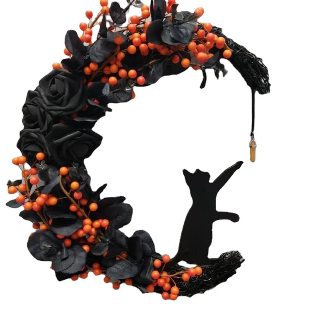 

Украшения в форме полумесяца для Хэллоуина, праздничные украшения, знак приветствия, готические розы, гирлянда с черными кошками, украшение для входной двери