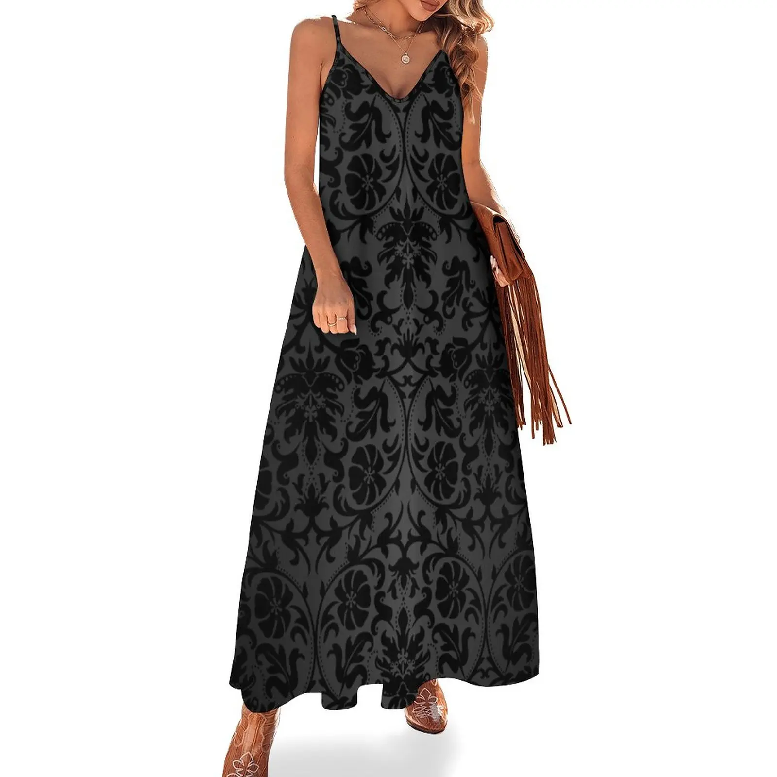 

Черное платье без рукавов с цветочным узором из Дамаска, танцевальные платья, женское летнее платье 2024, женская летняя юбка, шикарное и элегантное вечернее платье