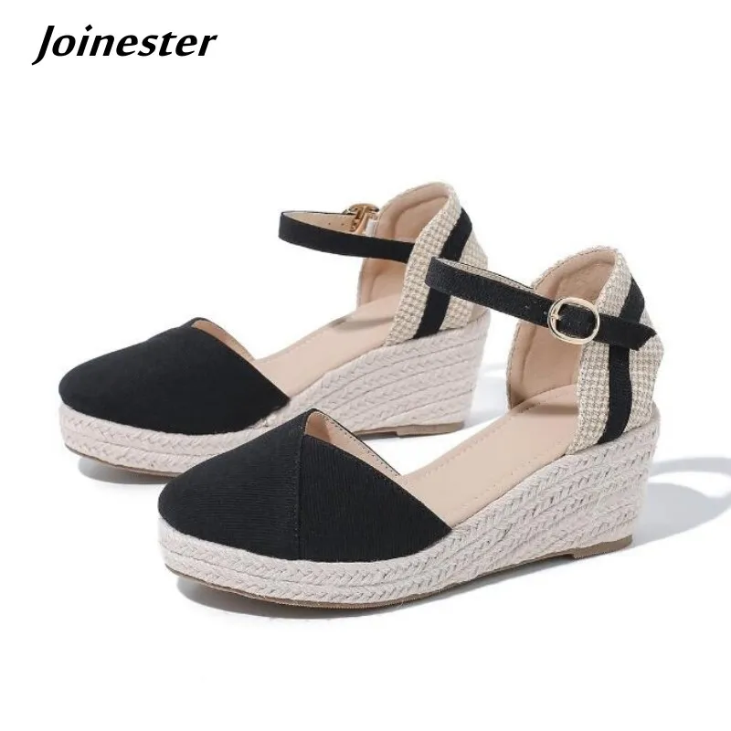 

Women Closed Toe Modern Wedge Sandal Ankle Strap Summer High Heel Shoes Dressy Platform Buckle Espadrilles Linen Upper Sandals