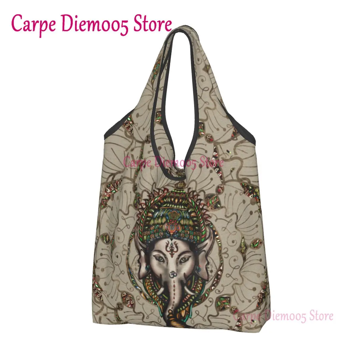 

Funny Print Mandala Lord Ganesha Tote Shopping Bags Portable Shopper Shoulder Ganesh Ganesa Ganapati Elephant Handbag