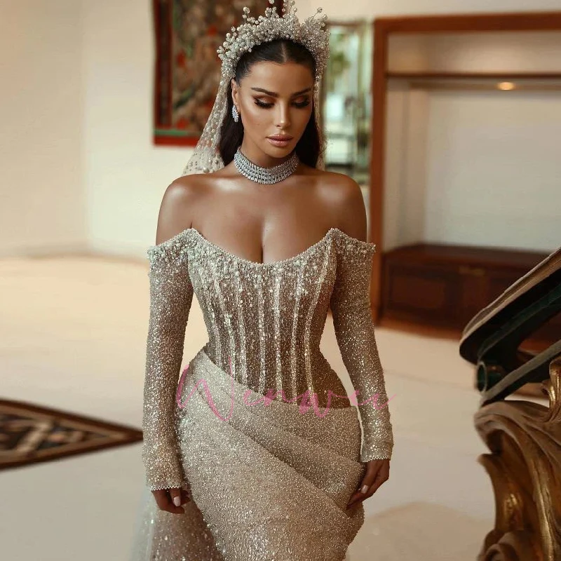 Customized Bridal Gown Glamorous Mermaid Wedding Dresses Bateau Long Sleeves Pleats Floor Length Backless Detachable Train 6 S609adf595be64991b7964063735405c6Y