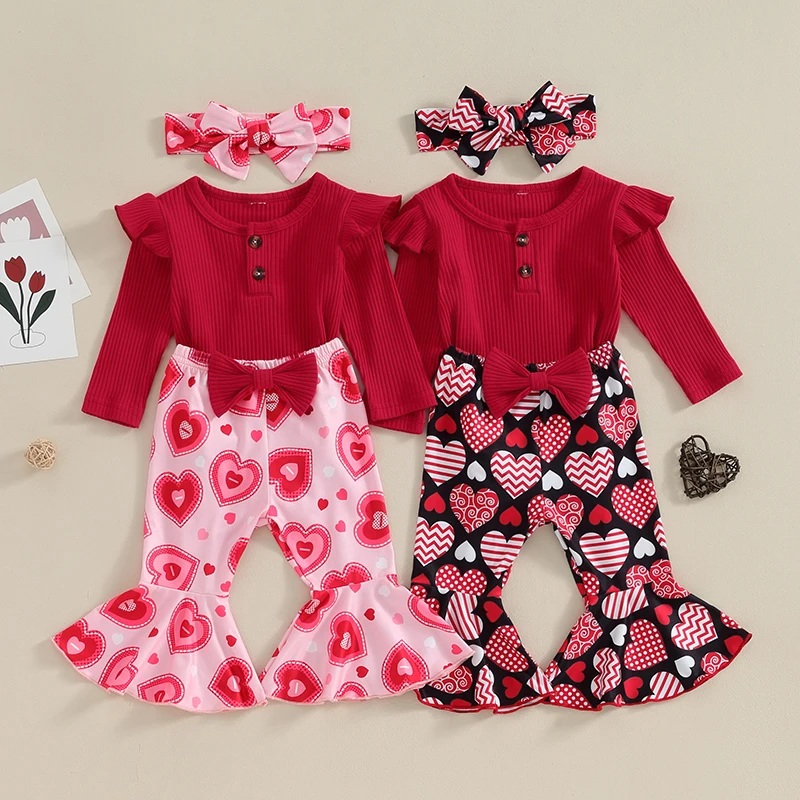 

2023-11-03 Lioraitiin 0-18M Baby Girls Outfit Long Sleeve Romper +Heart Print Flare Pants and Headband Valentines Day Clothes