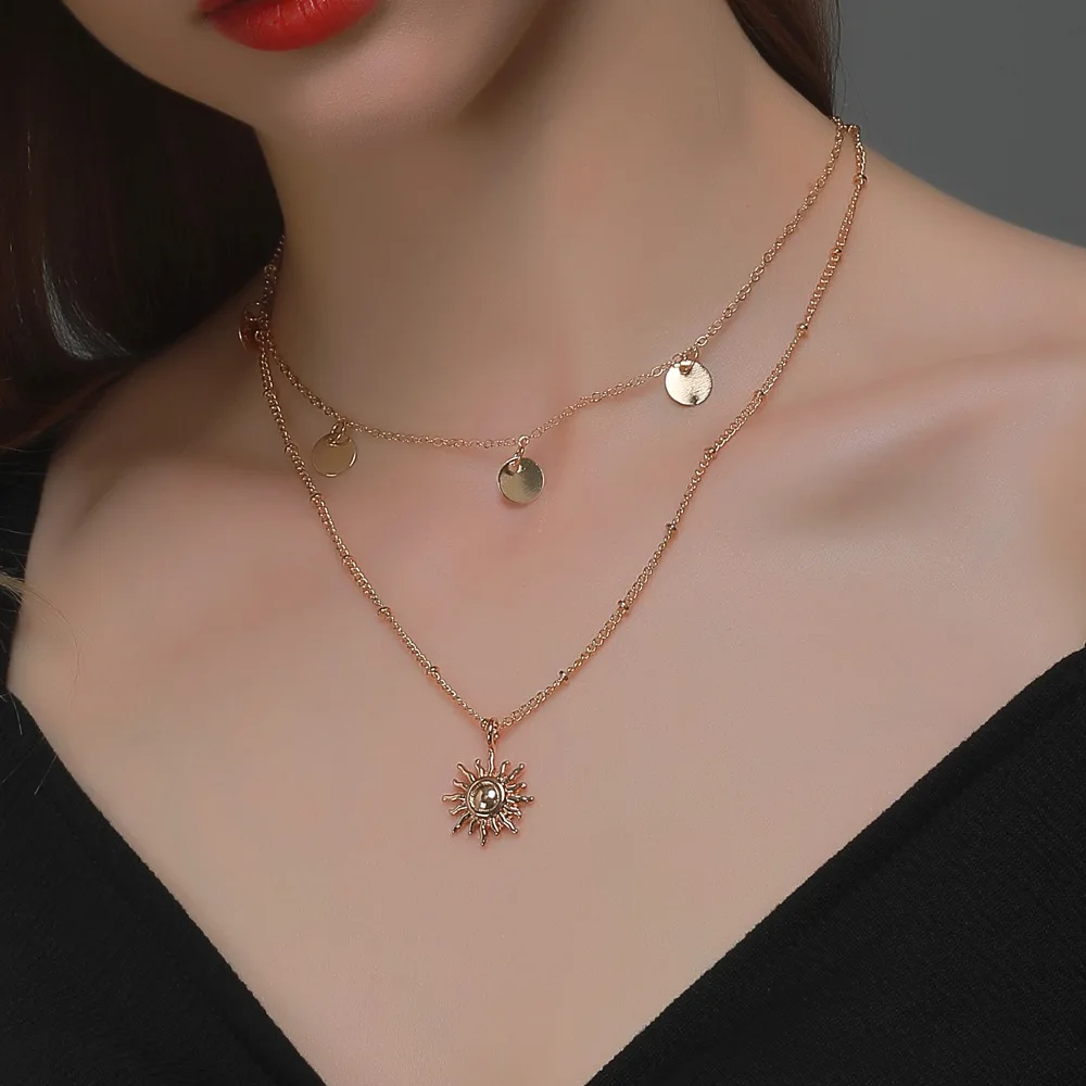 

Gothic Metal Sun Necklace 2023 Long Layered Pendant Necklaces for Women Clavicle Chain Chokers Fashion Jewelry Accessories Gifts