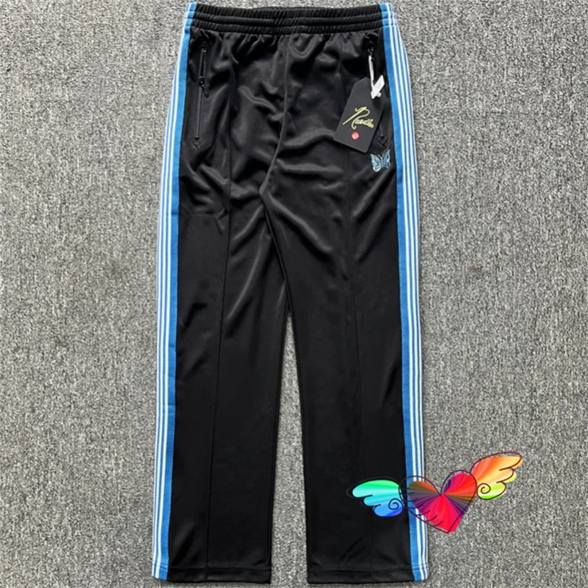 

2024 Black Blue Needles Pants Men Women Woven Stripes Needles Track Pants Embroidered Butterfly Poly Smooth AWGE Trousers