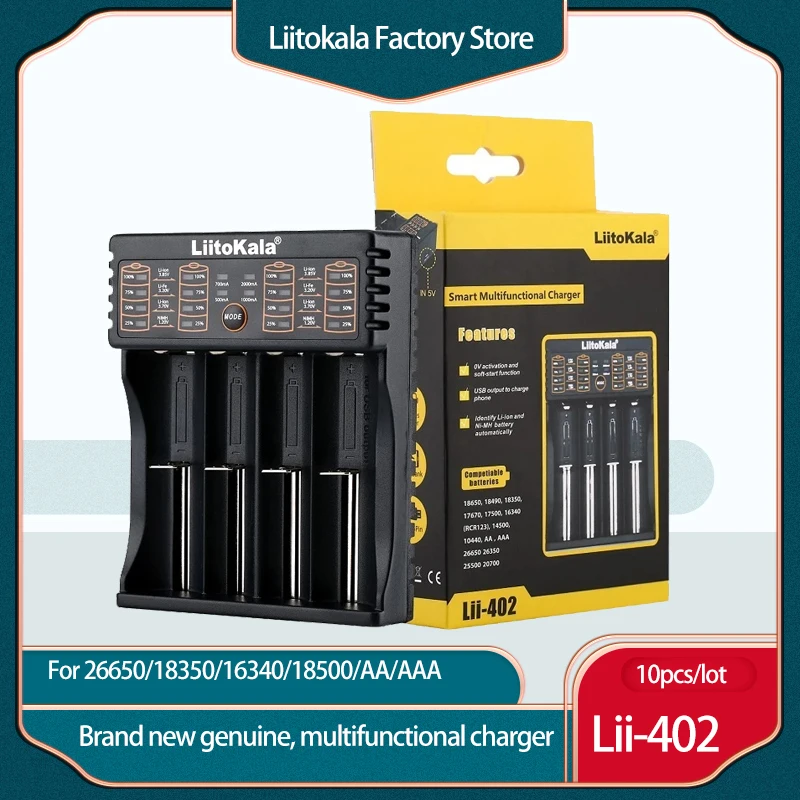 10pcs/lot LiitoKala Lii-402 18650 Battery smart Charger For 26650/18350/16340/18500/AA/AAA 3.7V 1.2V Ni-MH Ni-Cd 
10pcs/lot LiitoKala Lii-402 18650 Battery smart Charger For 26650/18350/16340/18500/AA/AAA 3.7V 1.2V Ni-MH Ni-Cd