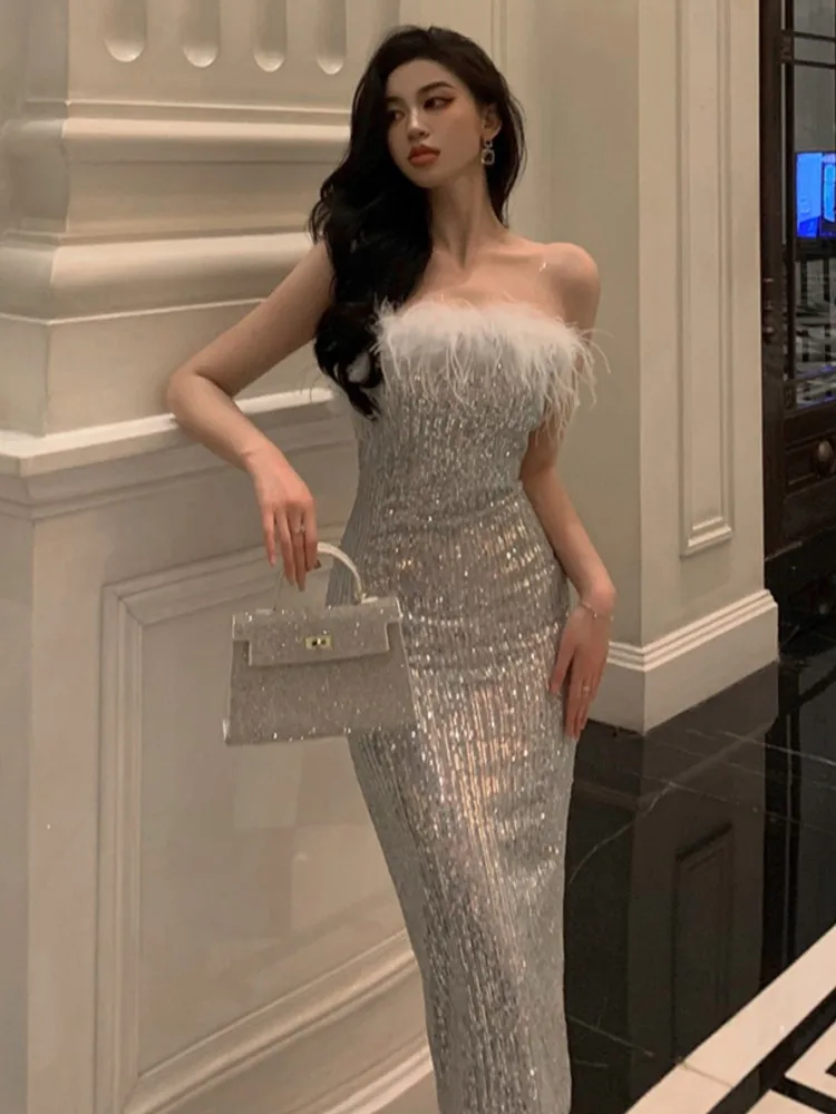 

Sexy Sequined Bodycon Runway Party Dress Sleeveless Fur Feather Patchwork Robe Women Spring Summer Prom Club Clothes Mujers