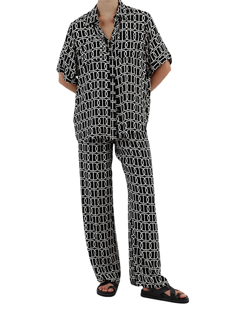 Women 2 Piece Pajama Set Printed Button up Short Sleeve Shirt and Wide Legs Pants Sleepwear Nightwear Loungewear
Women 2 Piece Pajama Set Printed Button up Short Sleeve Shirt and Wide Legs Pants Sleepwear Nightwear Loungewear