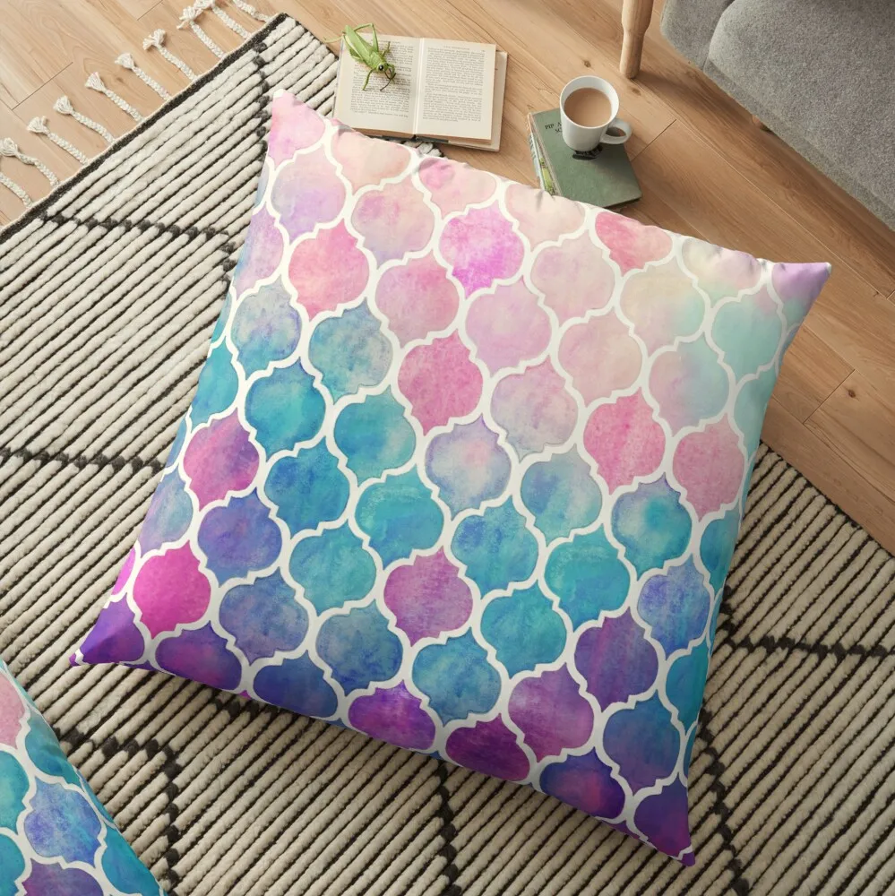 

Rainbow Pastel Watercolor Moroccan Pattern Floor Pillow Decorative Cushions For Living Room