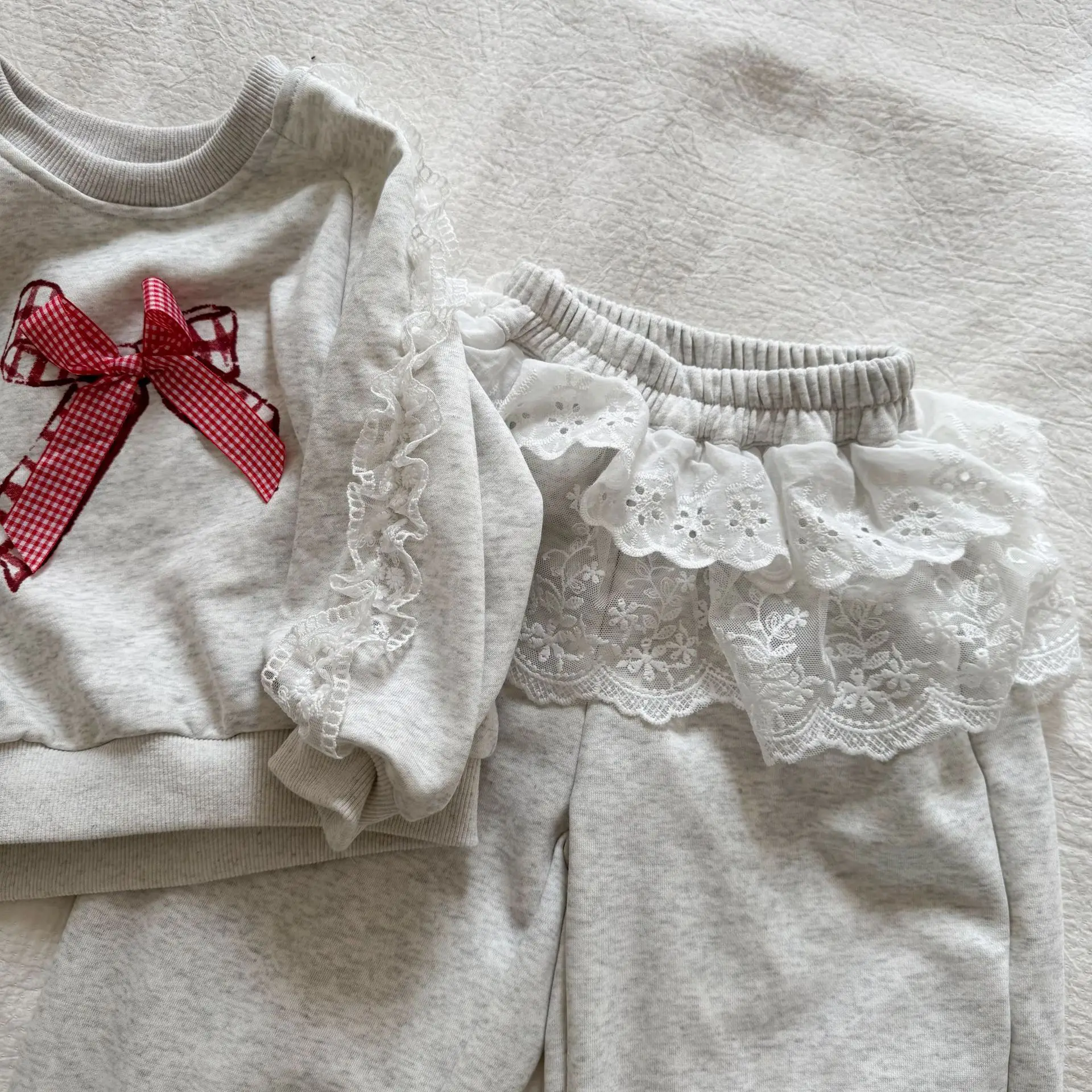 2025 Autumn New Children Long Sleeve Clothes Set Girls Lace Bow Sweatshirt + Sweat Pants 2pcs Suit Cotton Kids Casual Outfits 8 S60a56675d5654f3d96cbcff057beed9ag