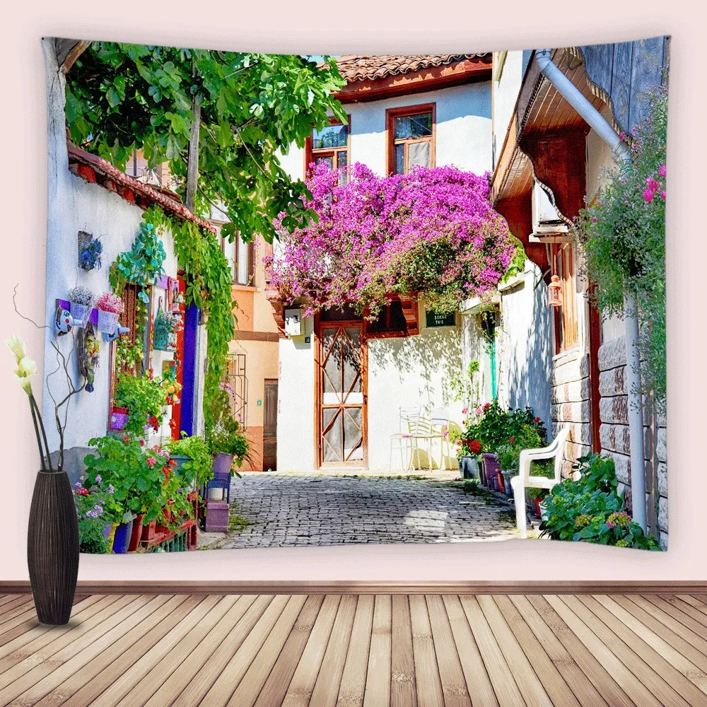 

Tapestry Wall Hanging Architecture Old Street Medieval Town Italy Vintage Art Flowers Scenery Tapestry Living Room Bedroom Decor