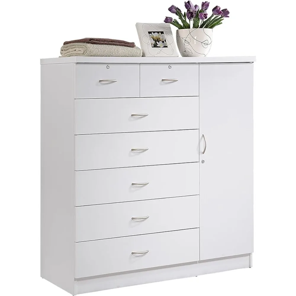 

Hodedah 7 Drawer Jumbo Chest, Five Large Drawers, Two Smaller Drawers with Two Lock, Hanging Rod, and Three Shelves | White