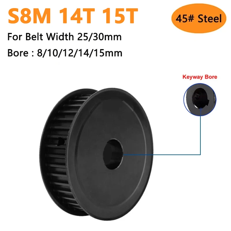 

1 шт., 14, 15 зубьев, S8M, черный 45 # стальной зубчатый шкив, 14T, 15 T, синхронное колесо для ремня шириной 25 мм, 30 мм, диаметр 8, 10, 12, 14, 15 мм