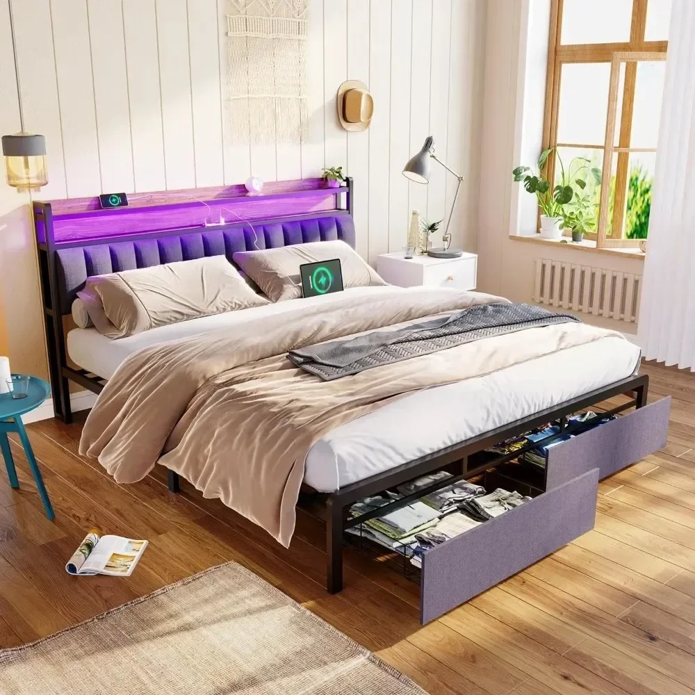 King Size LED Bed Frame with Storage Headboard and Drawers, w/USB Ports , Upholstered Platform Bed Frame King Size
King Size LED Bed Frame with Storage Headboard and Drawers, w/USB Ports , Upholstered Platform Bed Frame King Size