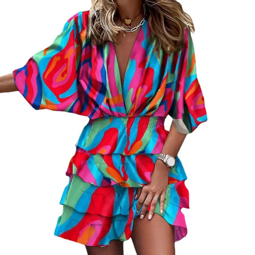 Women Summer Dress Batwing Sleeve Colorful Floral Print Deep V Neck Irregular Hem Dress-up Ruffle Elastic Waist Party Mini Dress
Women Summer Dress Batwing Sleeve Colorful Floral Print Deep V Neck Irregular Hem Dress-up Ruffle Elastic Waist Party Mini Dress
