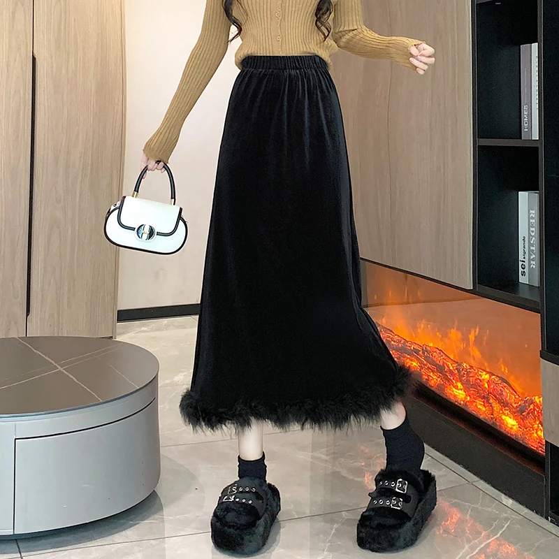 

Юбка женская бархатная с мехом, шикарная длинная Повседневная элегантная юбка во французском стиле, с высокой талией, в стиле пэчворк, черная, на осень
