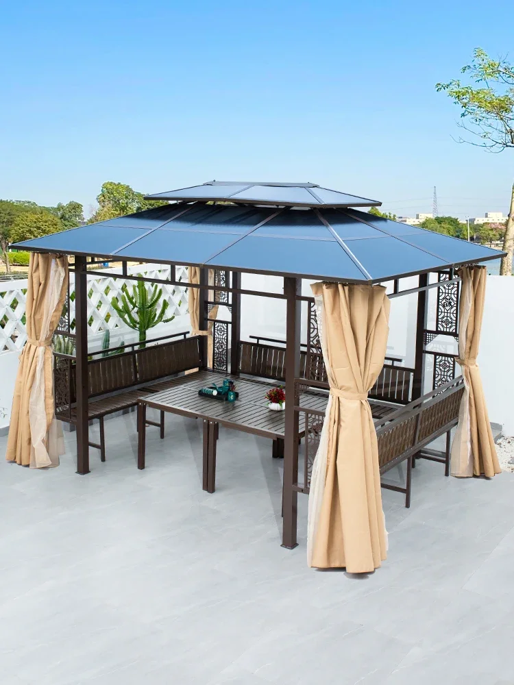 

Pavilion outdoor courtyard terrace four awning New Chinese outdoor small leisure garden anticorrosive wooden tables and chairs