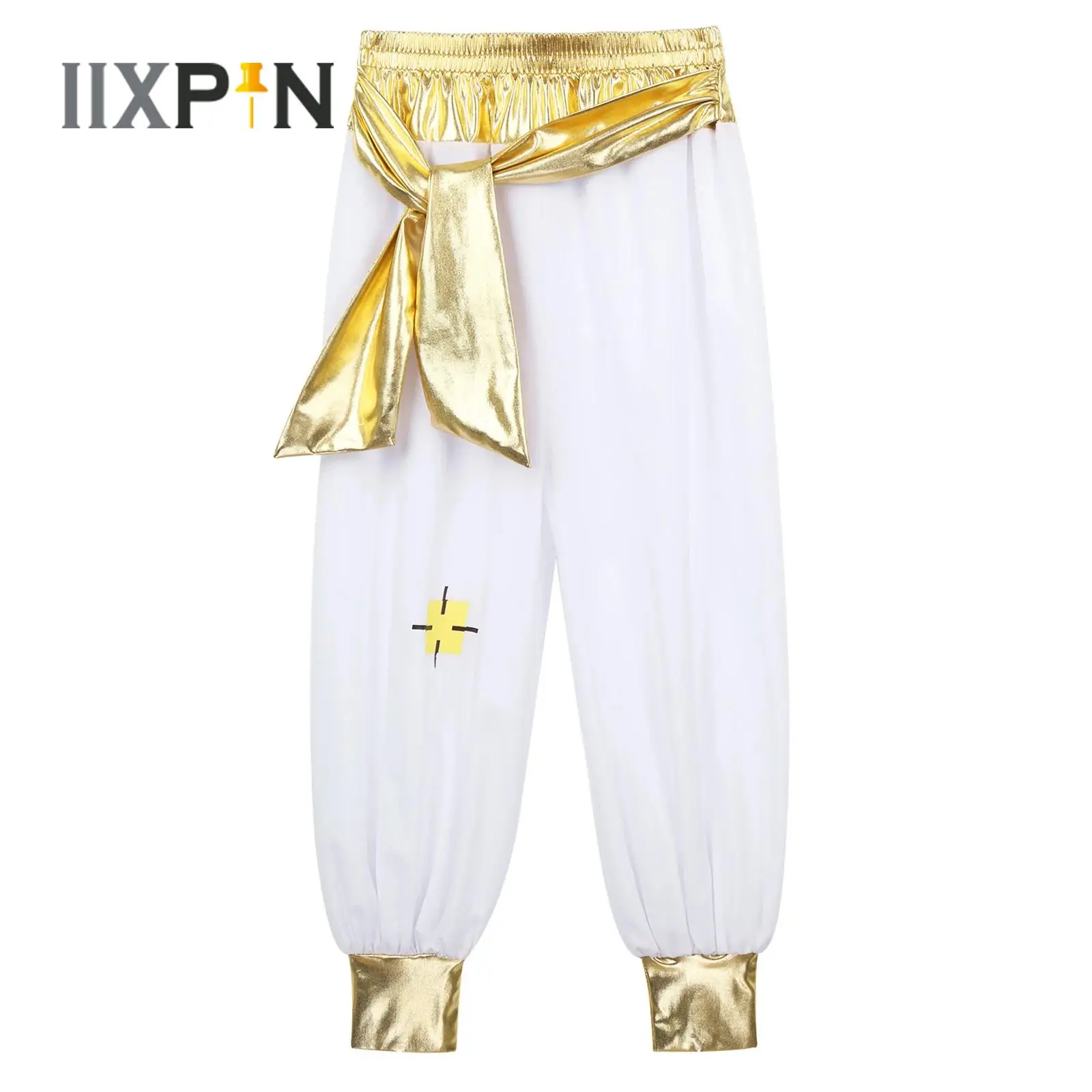 

Kids Boys Arabian Prince Costume Pants Shiny Metallic Elastic Waistband Patchwork Pants Bottom for Halloween Theme Party Cosplay