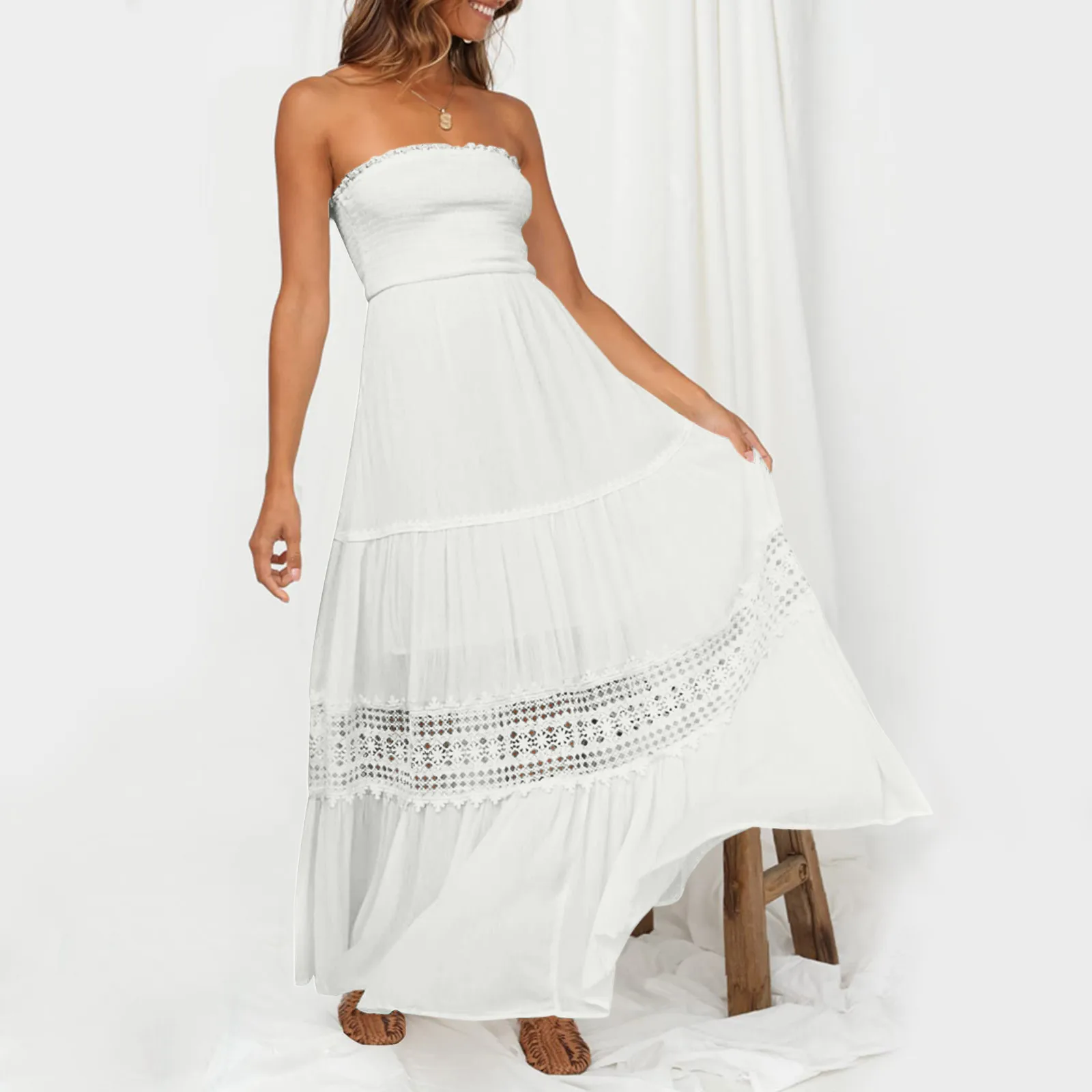 

Sexy Strapless Bohemian Maxi Dress Flowy A Line Dresses Summer Off Shoulder Lace Trim Backless Beach Party Long Dress for Women