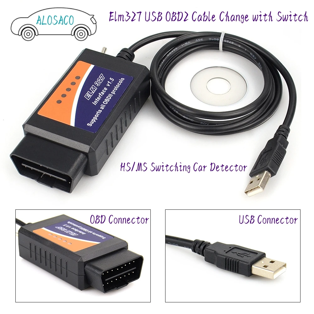 

Elm327 USB OBD2 Cable Change With Switch Ford Tiggo Brush Hidden HS/MS Switch Car Detector OBD16P Connector to USB 4PIN wire