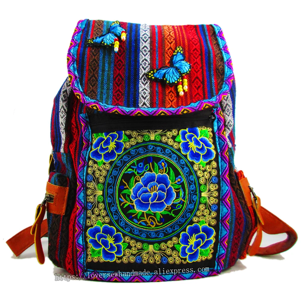 

Tribal Vintage Hippie Colorful Travel Backpack Bag For Women Embroidery Pom Charm Hmong Ethnic Bohemian Boho Rucksack SYS-562B