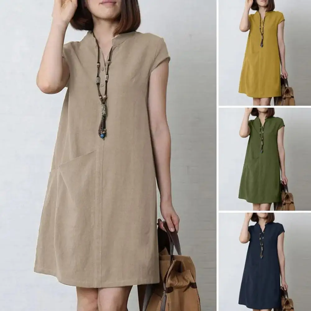 

Women V-neck Dress Stylish Women's Summer Dress with Buttoned V Neck Stand Collar Single Pocket Loose Fit Pure Color for Above