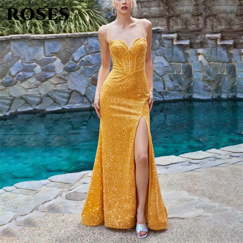 ROSES Glitter Gold Prom Dresses Spaghetti Strap Sweetheart robes de soirée Side Split Evening Dress Lace Up Back Formal Dresses
ROSES Glitter Gold Prom Dresses Spaghetti Strap Sweetheart robes de soirée Side Split Evening Dress Lace Up Back Formal Dresses