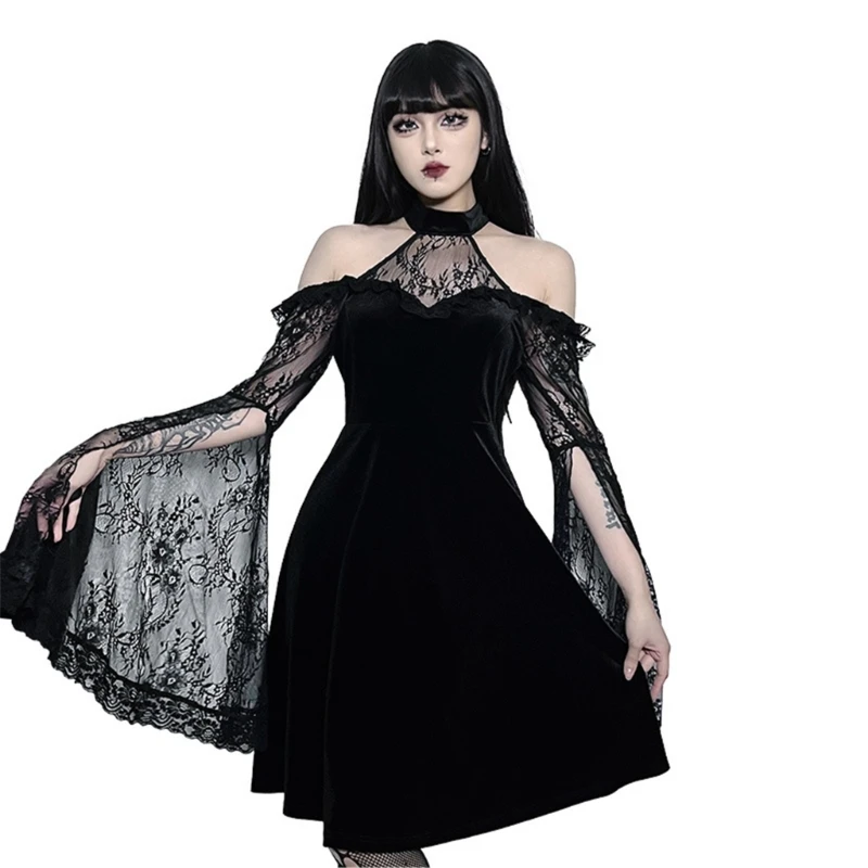 Women Punk Gothic Lace Dress Cold Shoulder Long Sleeve A Line Midi Dress Grunge Vintage Velvets Dress Fall Long Dresses N7YF
Women Punk Gothic Lace Dress Cold Shoulder Long Sleeve A Line Midi Dress Grunge Vintage Velvets Dress Fall Long Dresses N7YF