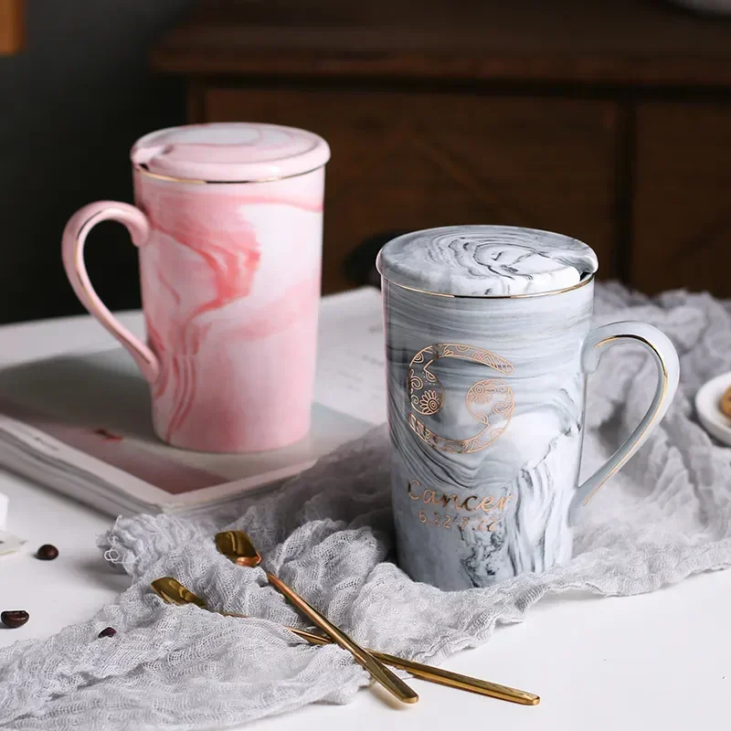 

With Cup Constellation Coffee Marble 400ml 12 Lead-free Natural Mug Mugs Creative Zodiac Personality Pink Ceramic Lid