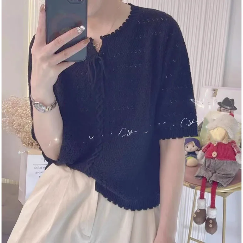 

New Spring Autumn Crew Neck Korean Version Hook Flower Hollowed Out Lace Up Fashion Loose Casual Short Sleeve Sweaters Tops