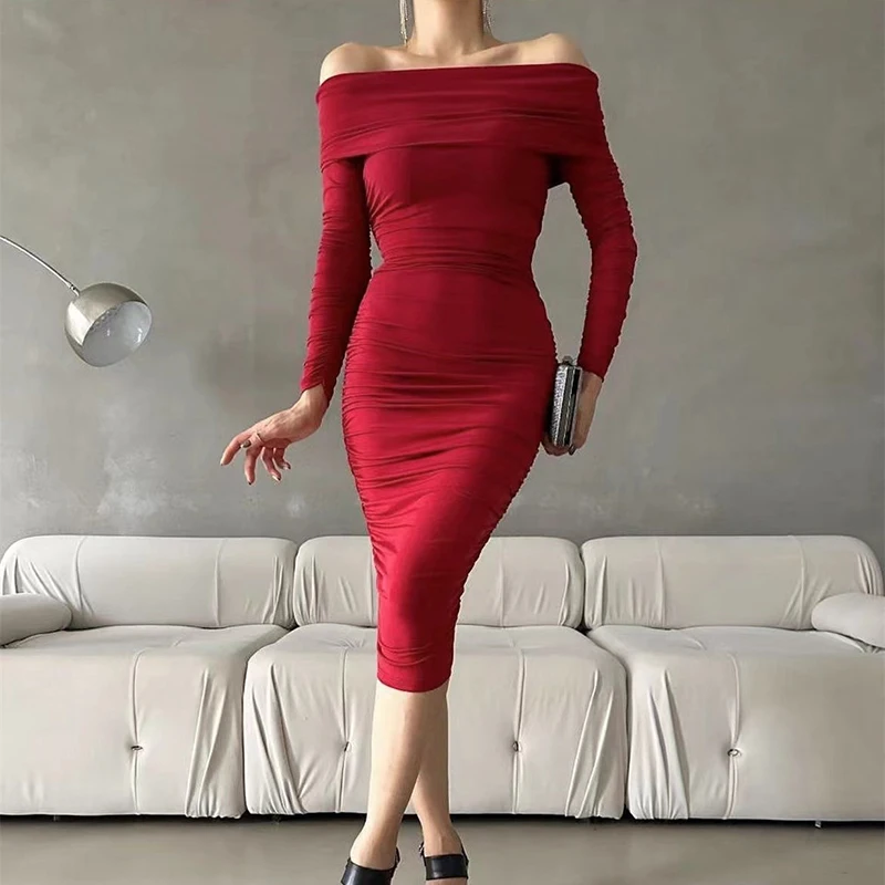 

Female Backless Draped Bodycon Dress Sexy Slash Neck Solid Color Slim Dress Elegant Off Shoulder Long Sleeve Pleated Party Dress