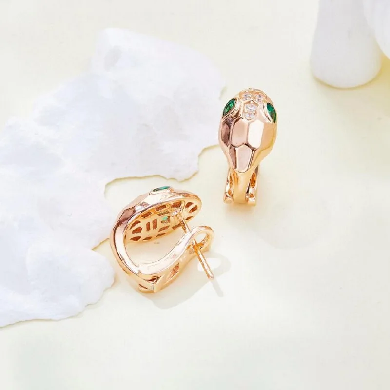 

Designer Collection 925 Sterling Silver Earrings Inlay Czech Zircon Plated Rose Gold Color Snake Serpent Snakelike Stud Ear Clip