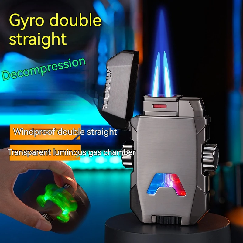 

New Gyro Lighter Inflated Gas Butane Luminous Lighter Metal Windproof Double Jet Flame Smoking Accessories Men Gadgets