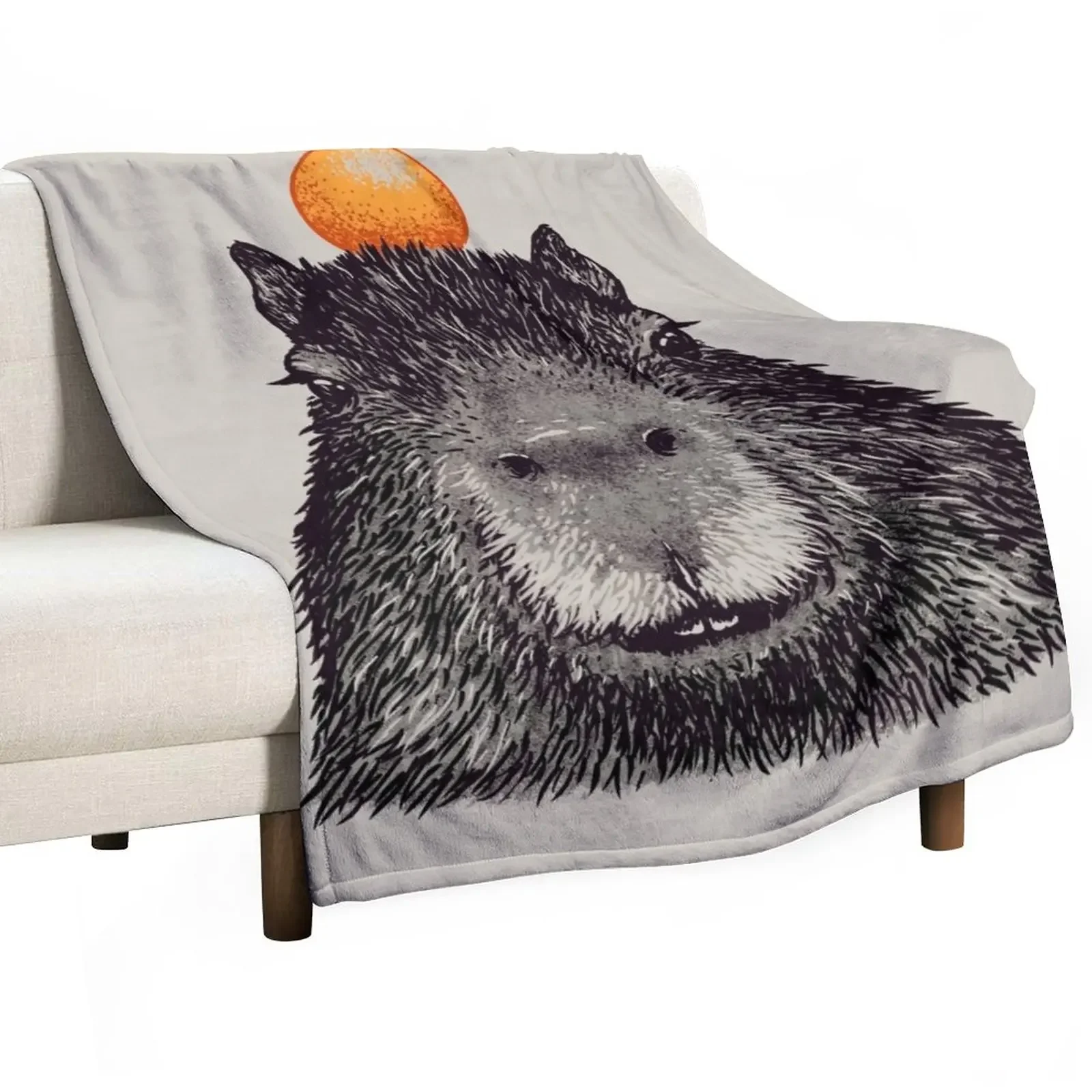 

CapybaraOrange | Capy Yuzu | Capybara with Orange on Head | His Name - Gort Portrait Throw Blanket Bed linens Blankets