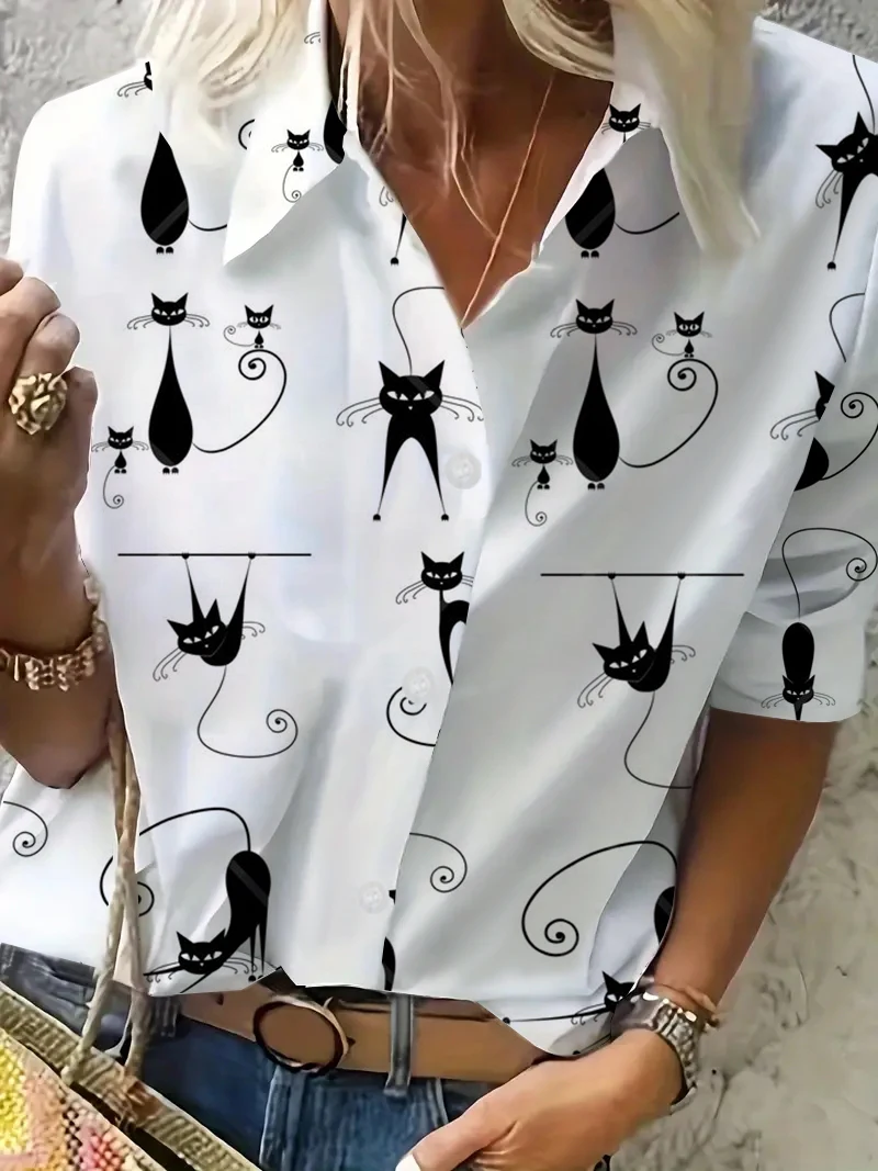 

Женская модная рубашка с длинным рукавом, топ с изображением кота, весна/лето/осень 2024, женская рубашка на пуговицах для отдыха