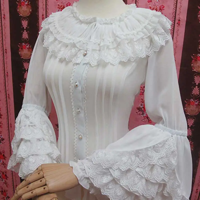 

Vintage Gothic Lolita Blouse for Women, Long Flare Sleeve, Chiffon White Shirt, Layered Lace Ruffles Tops, Cosplay Costume