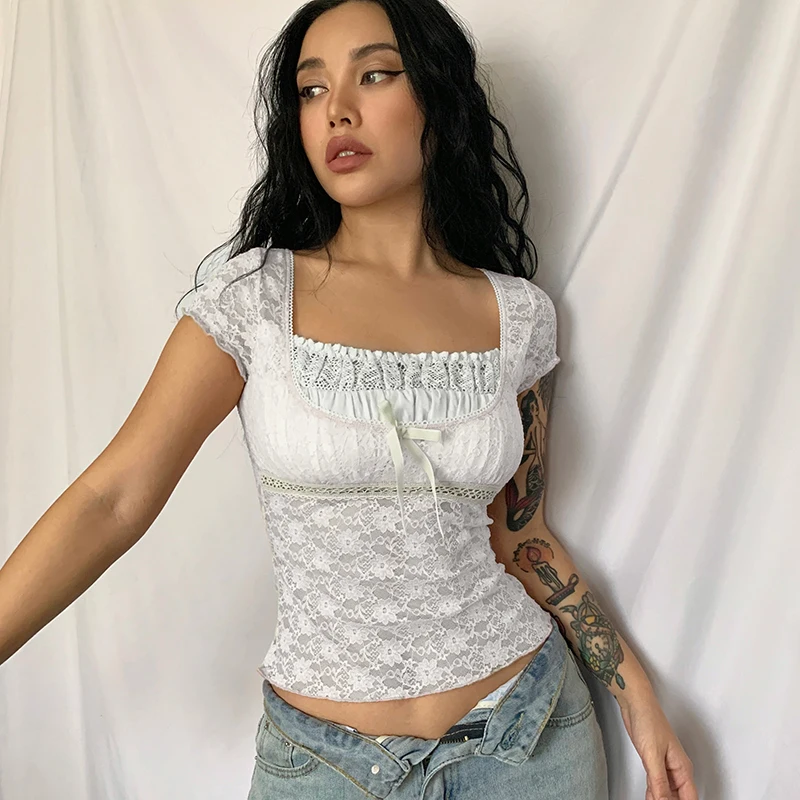 

Women Sweet Lace Floral Ruched T-shirt Square Collar Short Sleeve Slim-fit Crop Top Y2K Aesthetic Fairy Grunge Tees Streetwear