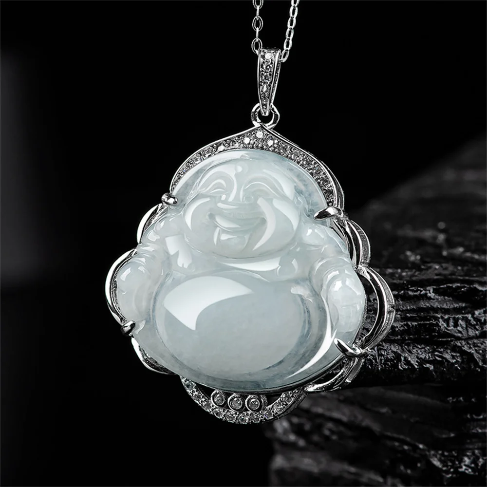 

925 Silver Natural Ice Green Jadeite Carved Gem Buddha Lucky Pendant Amulet Necklace Certificate Luxury Jade Vintage Jewelry